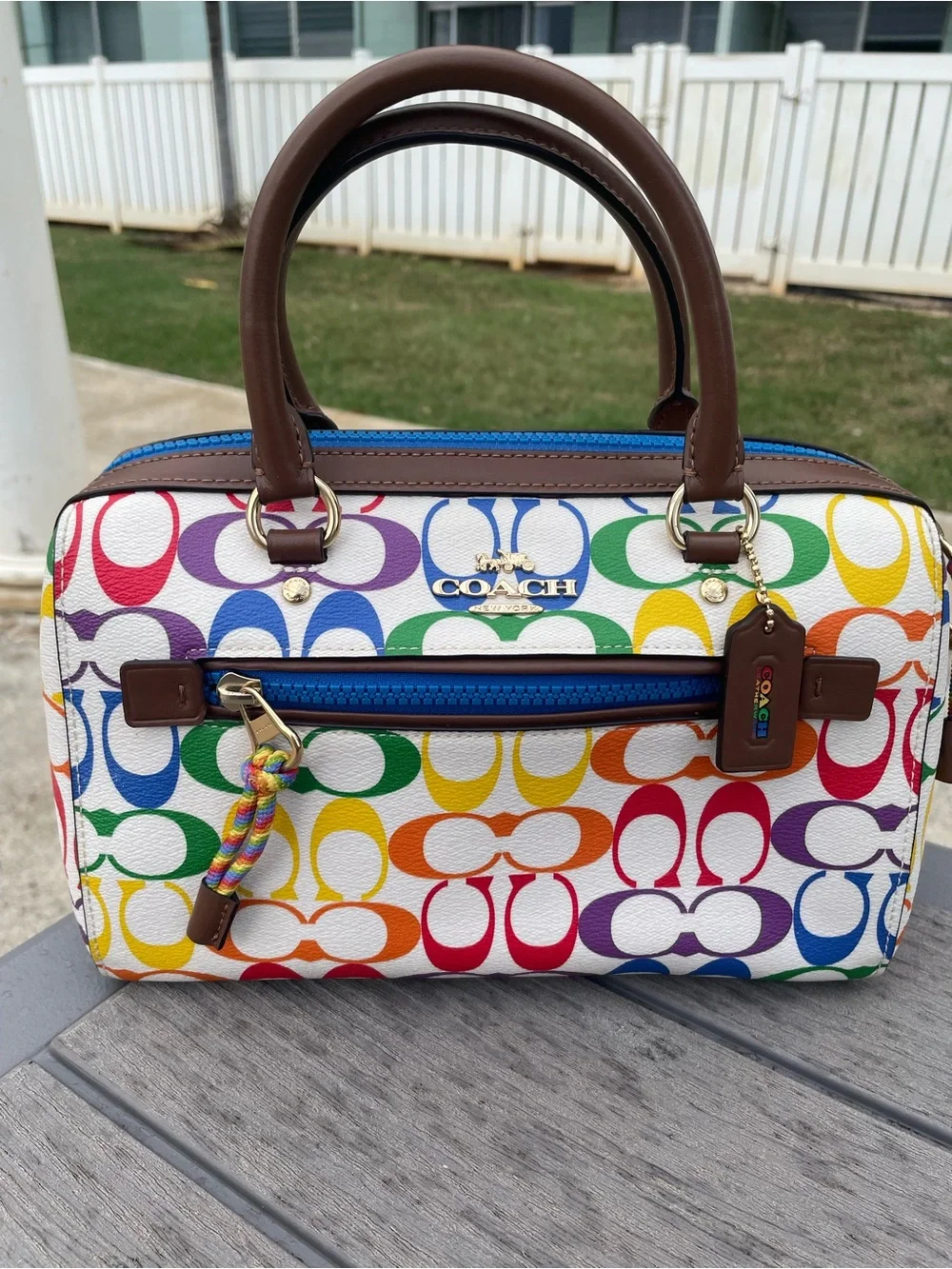 Coach Medium Pride Multicolor Signature Canvas Rowen with Brown Leather Trim